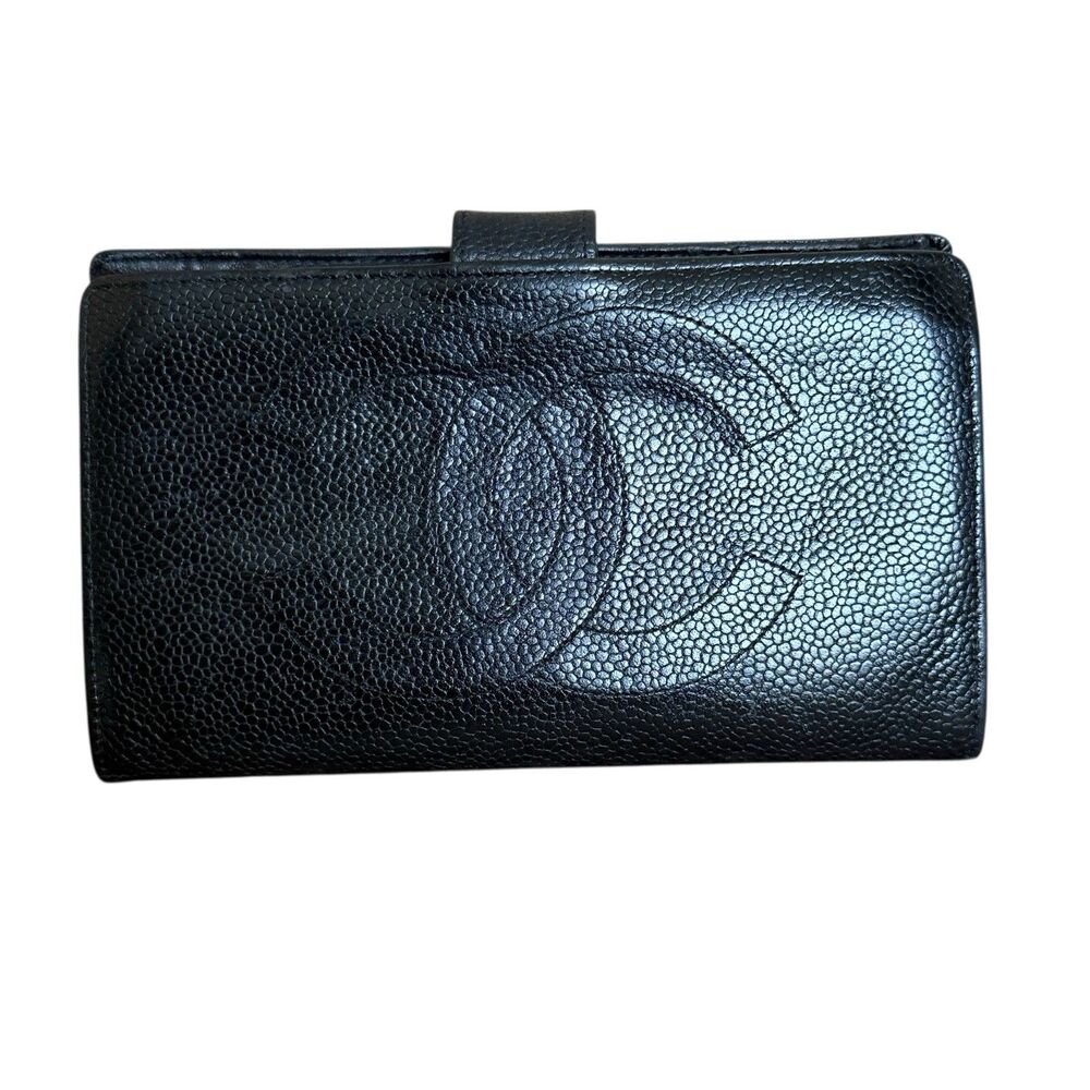 Chanel Black Caviar Leather Long Wallet With CC Logo And COA